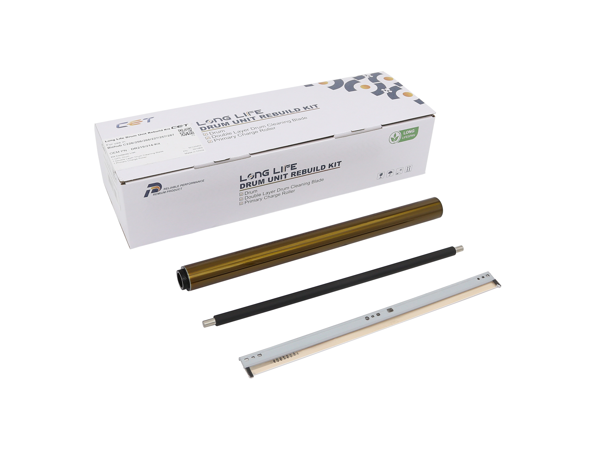 CET Dr215/214-Kit Long Life Drum Unit Rebuild Kit: 1,OPC Drum (Japan) 1,Double Layer Drum Cleaning Blade 1,Primary... for Konica Minolta Bizhub C226 / Bizhub C256 / Bizhub C266 / Bizhub C227 / Bizh